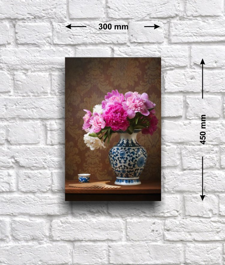Постер «Натюрморт с пионами в китайской вазе», 30 см х 45 см Постер с фотографическим натюрмортом, выполненным в классическом стиле, на котором изображен букет пионов, в фарфоровой китайской вазе.
