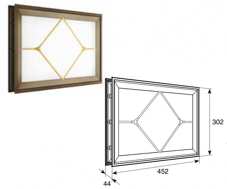 Окно акриловое со вставкой в форме ромба для панелей толщиной 40 мм со структурой филенка и двойным стеклом Может встраиваться в панель полотна ворот всех типов подъема. Служит для улучшения  освещенности помещения и изменения дизайна ворот.