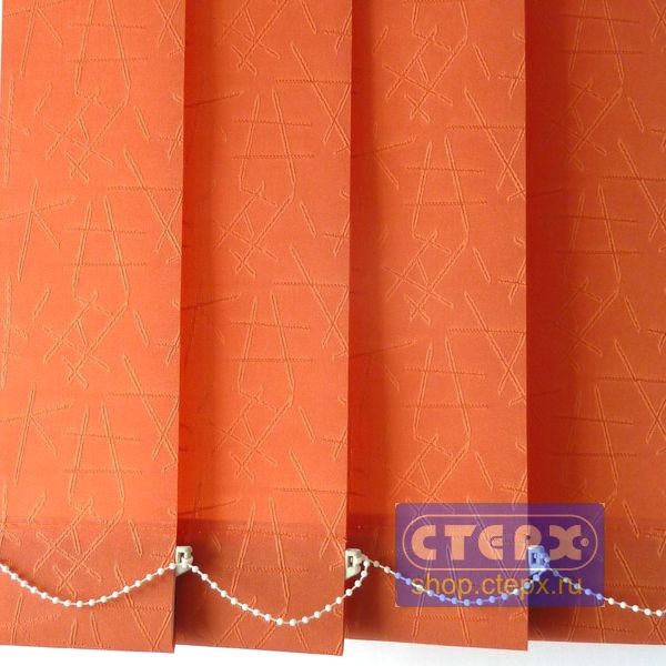 Каир /цвет оранжевый/ - ламель для вертикальных жалюзи из ткани Однотонная окраска ткани с матовой поверхностью основы со слегка выпуклым рисунком из хаотично размещенных символов, составленных из пересекающихся отрезков.