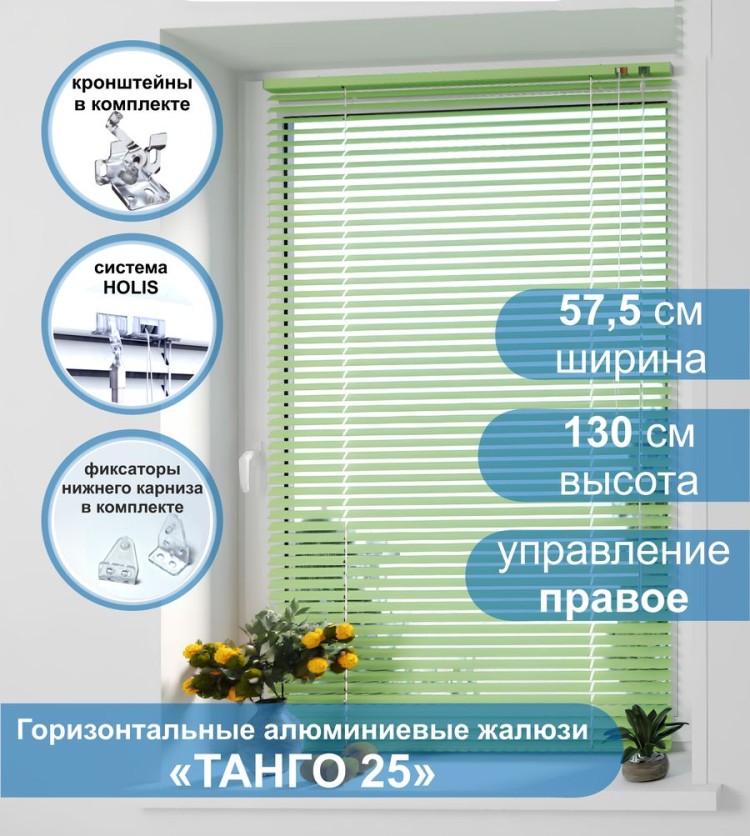 Жалюзи горизонтальные алюминиевые &quot;Танго 25&quot;, Киви 5421, 57.5х130 см , упр Правое Жалюзи горизонтальные алюминиевые "Танго 25",Киви 5421, 57.5х130 см , упр Правое - это классические горизонтальные жалюзи с глянцевыми, однотонно окрашенными в зеленый цвет, ламелями (пластинами) шириной 25 мм.